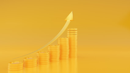  3d render of stacks of golden coins and gold arrow up on golden background. financial growth, business success, Earning profit.
