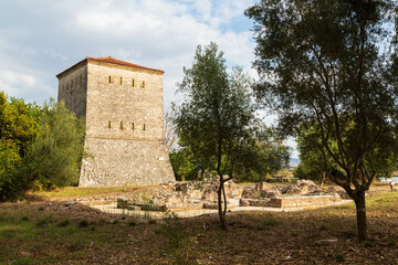 Venetian tower in a castle located in Butrint national park, part of UNESCO heritage. Saranda, Albania