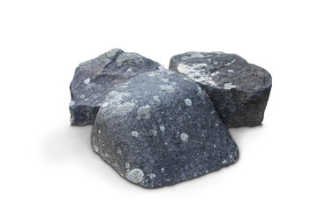 three grey rocks to cut out. isolated stones against a white background. ideal for image composing