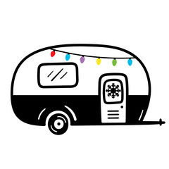 Christmas camper with christmas lights and snowflake. Merry Christmas. Sign of  travel. Camper tourism. Adventure label. Camping t shirts design.