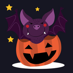 Little vampire coming out of a pumpkin, Halloween illustration
