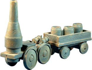 Vintage wooden model/toy train with steam engine and car on a transparent background. 