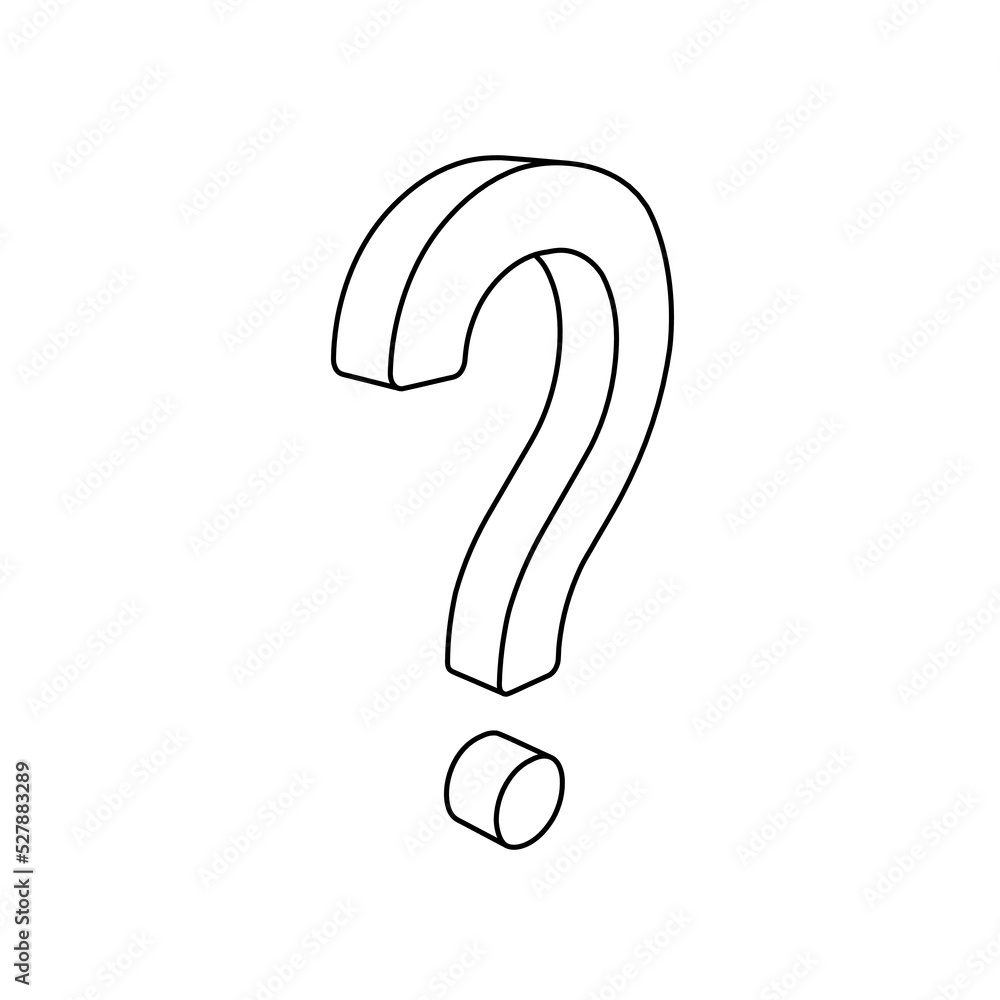 Poster the outline of a large question symbol is made with black lines. 3d view of the object in perspectiv