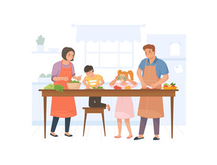 Whole family prepares salad. Cooking together, cook food healthy at kitchen, eating dinner, home vegetable meal, eat at culinary table, vector illustration