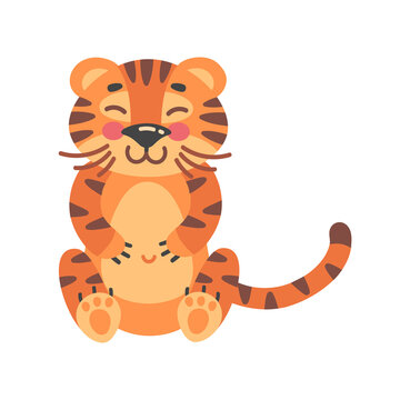 Wild kitten. Childish tiger, offspring mammals, vector illustration