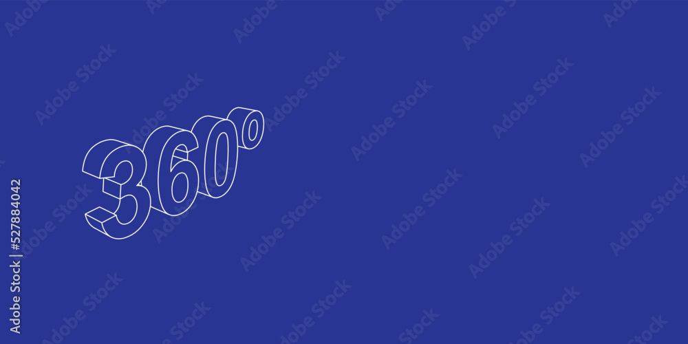 Poster the outline of a large 360 degree symbol made of white lines on the left. 3d view of the object in p