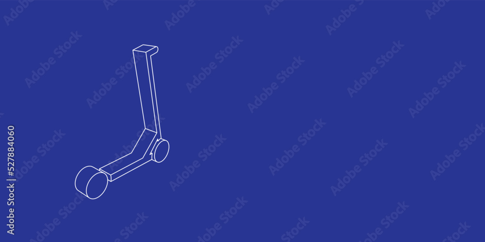 Poster the outline of a large kick scooter symbol made of white lines on the left. 3d view of the object in