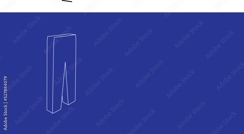 Poster The outline of a large pants symbol made of white lines on the left. 3D view of the object in perspective. Vector illustration on indigo background