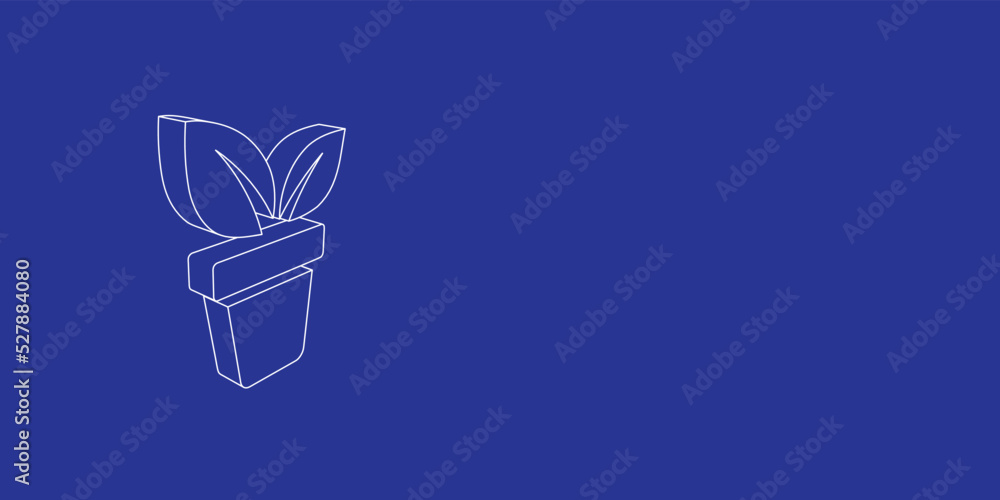 Poster The outline of a large plant in pot symbol made of white lines on the left. 3D view of the object in perspective. Vector illustration on indigo background