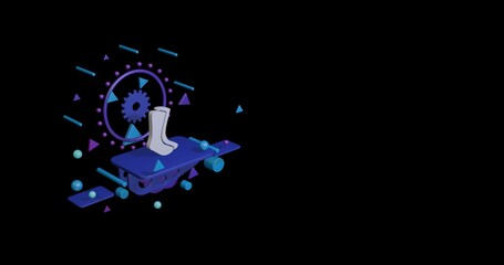 White socks symbol on a pedestal of abstract geometric shapes floating in the air. Abstract concept art with flying shapes on the left. 3d illustration on black background