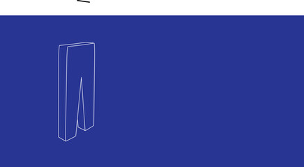 The outline of a large pants symbol made of white lines on the left. 3D view of the object in perspective. Vector illustration on indigo background