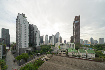 Fototapeta premium Aerial view of Bangkok Downtown Skyline, Thailand. Financial district and business centers in smart urban city in Asia.Skyscraper and high-rise buildings
