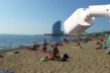 cctv camera with beach background. Blurred background with people on the beach