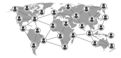 World map with linked people avatars. Global communication icon