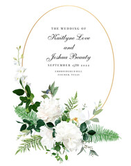 Classic white peony, hydrangea, magnolia and orchid flowers, eucalyptus, fern, salal, greenery vector design