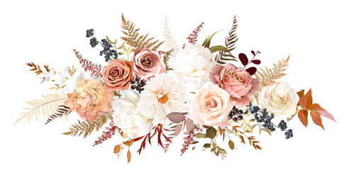 Trendy dried leaves, blush pink rose, white peony and dahlia, hydrangea, astilbe, pampas grass