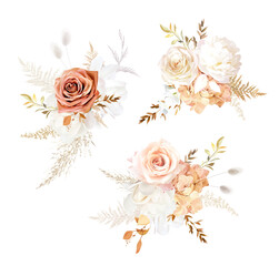 Rust orange and blush pink antique rose, beige and pale flowers, creamy magnolia, peony, ranunculus, hydrangea