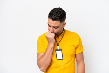 Young Arab man with ID card isolated on white background having doubts