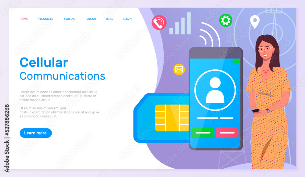 Poster cellular communication website template. woman near smartphone with profile of user and calling icon