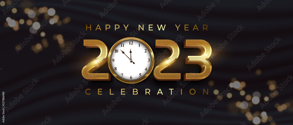Poster 3d text happy new year 2023 gold styles banner with a clock icon on the number