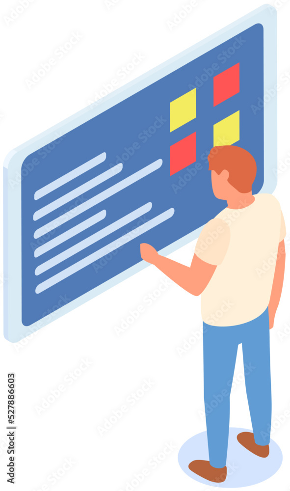 Poster man with clipboard giving presentation with information, flat style character near data board. male 