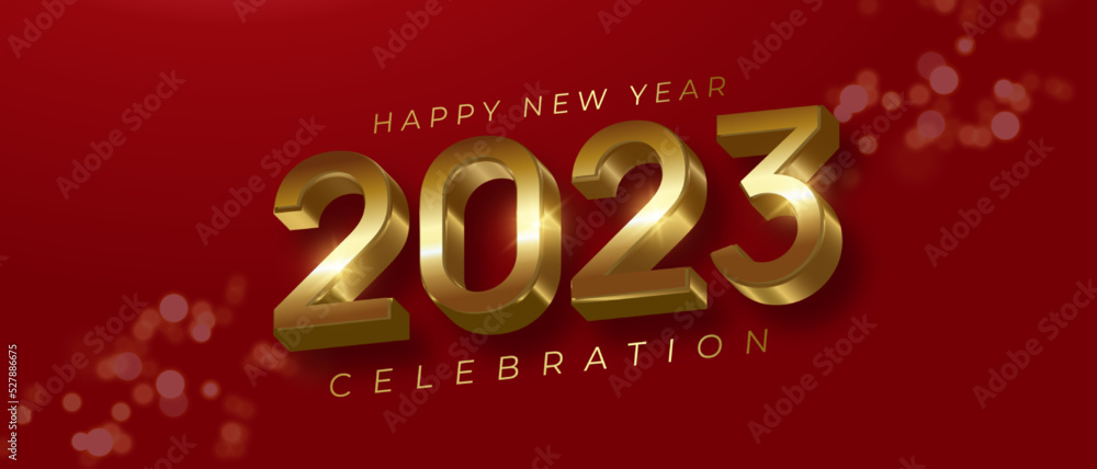 Poster 3d text number happy new year with gold number design on red color background