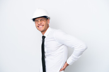 Young architect caucasian man with helmet and holding blueprints isolated on white background suffering from backache for having made an effort