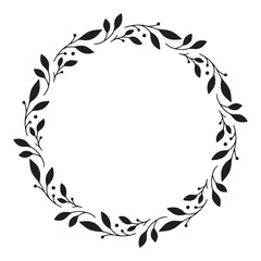 Vector hand drawn floral wreath isolated on white background. Silhouette round frame with of leaves. Doodle style. Floral monogram frame.