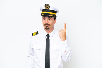 Airplane caucasian pilot isolated on white background pointing with the index finger a great idea