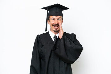 Young university graduate man isolated on white background with surprise and shocked facial expression
