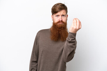 Redhead man with beard isolated on white background making Italian gesture