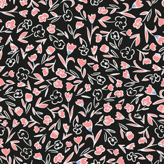 Flowers with leaves seamless repeat pattern. Random placed, vector botanical all over surface print on black background.