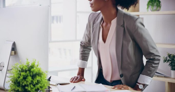 Business woman, office with black woman working at her computer in startup, digital marketing office. Email, agenda or administration receptionist at work by her desktop at digital agency company