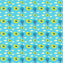 A repeating pattern with cute yellow birds, trees and clouds on a blue background done in a fun children's style