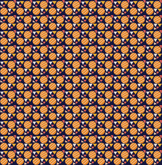 Repeating seamless pattern of simply drawn circles and triangles in warm colors, on a navy blue background.