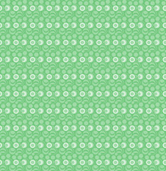 Seamless repeating pattern of an abstract plant or orb and curved growth lines. 1970s retro style. Light green and white on a darker green.