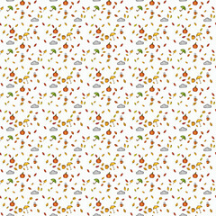 Repeating autumn pattern of hand drawn cartoon clouds, mugs, leaves, pumpkins and umbrellas on a white background. Seamless tile. Fall season.