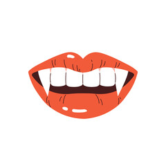 Vampire lips with fangs. A woman's mouth with bright red lips and long, sharp teeth. Vampire aesthetic. Halloween element. Vector illustration in cartoon style. Isolated white background