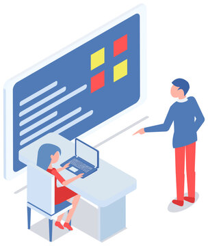 People during meeting, instruction, education, business training. Teamwork, presentation in office. Working in analytics, cooperation and team brainstorming. Colleagues work with data and information
