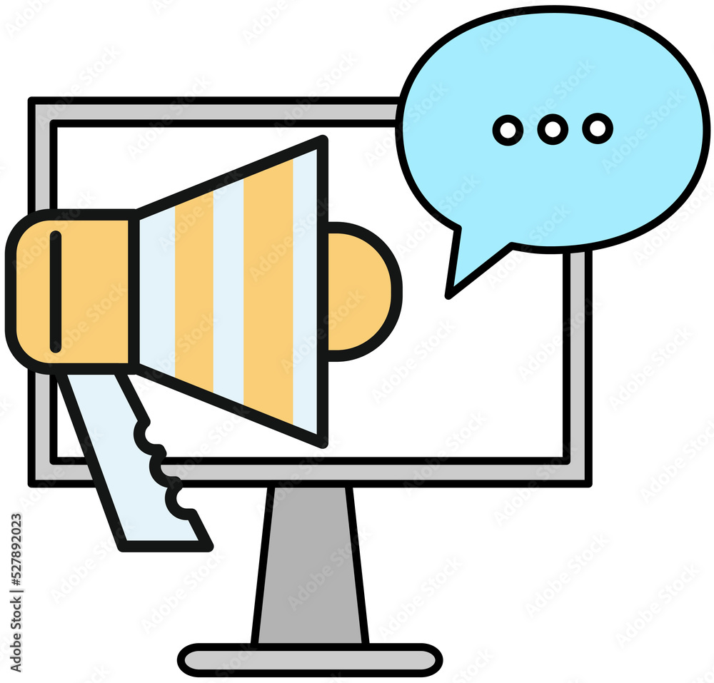 Poster online chat message notifications with computer, sms communication, virtual discussion, ad with mega