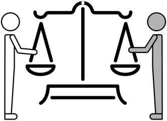 Scales and persons touching bowls with hands from different sides. Arguments, selection process, evidence and tricks in trial. Concept of judging, trial and justice. Measurement balance of causes icon