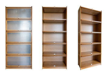 Set of wooden structure bookshelves close-up isolated on white background