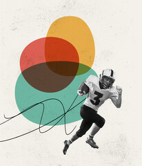 Contemporary art collage. Professional american football player in action on abstract background. Sport, achievements, media, betting, news, ad. Minimalism