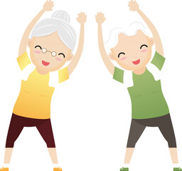 Elderly people exercising. Active healthy workout aged people. Old woman making morning exercises.