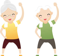 Fototapeta premium Elderly people exercising. Active healthy workout aged people. Old woman making morning exercises.