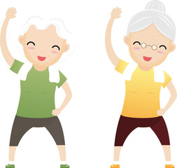 Elderly people exercising. Active healthy workout aged people. Old woman making morning exercises.