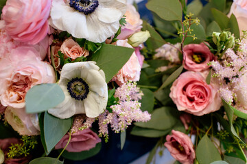 flower bouquet with anemones and pink roses