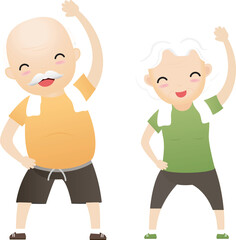 Elderly people exercising. Active healthy workout aged people. Grandparents making morning exercises.