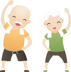 Elderly people exercising. Active healthy workout aged people. Grandparents making morning exercises.