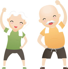 Elderly people exercising. Active healthy workout aged people. Grandparents making morning exercises.